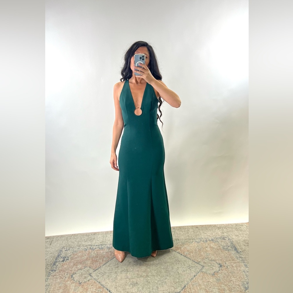 BCBGMAXAZRIA GREEN FOREST GOWN GOLD DETAIL SAMPLE SIZE S